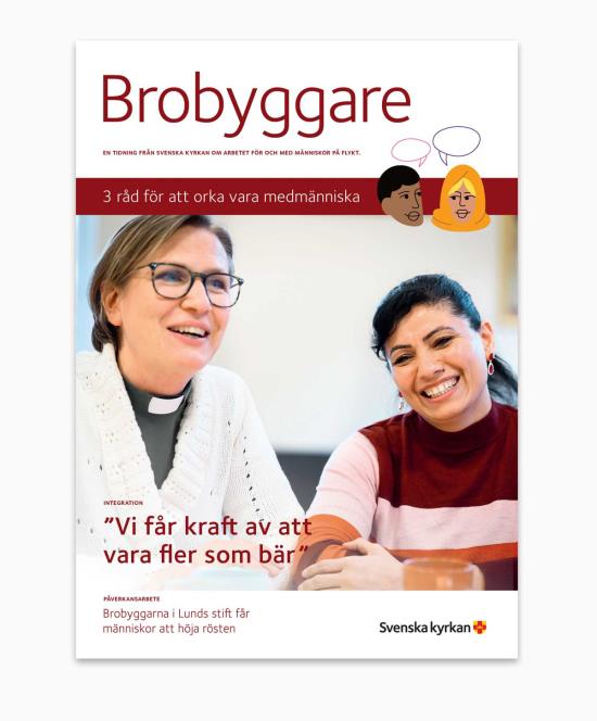 Framsida till tidningen Brobyggare. Bilden föreställer två kvinnor vid ett bord.
