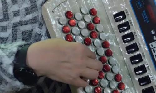 Kvinna spelar dragspel med fingrarna på knapparna.