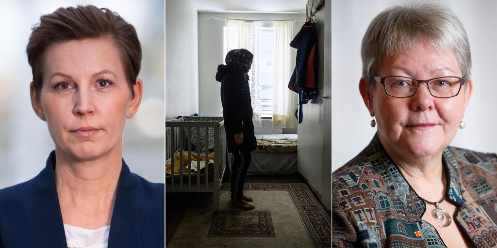 Bildkollage med porträttbilder på Helena Thybell, generalsekreterare Rädda Barnen och Helén Ottosson Lovén, generalsekreterare Svenska kyrkan, samt en bild på en kvinna vid en tom spjälsäng. 