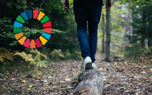 En person balanserar på en stock som ligger på marken ute i skogen. Till vänster syns loggan för Agenda 2030.