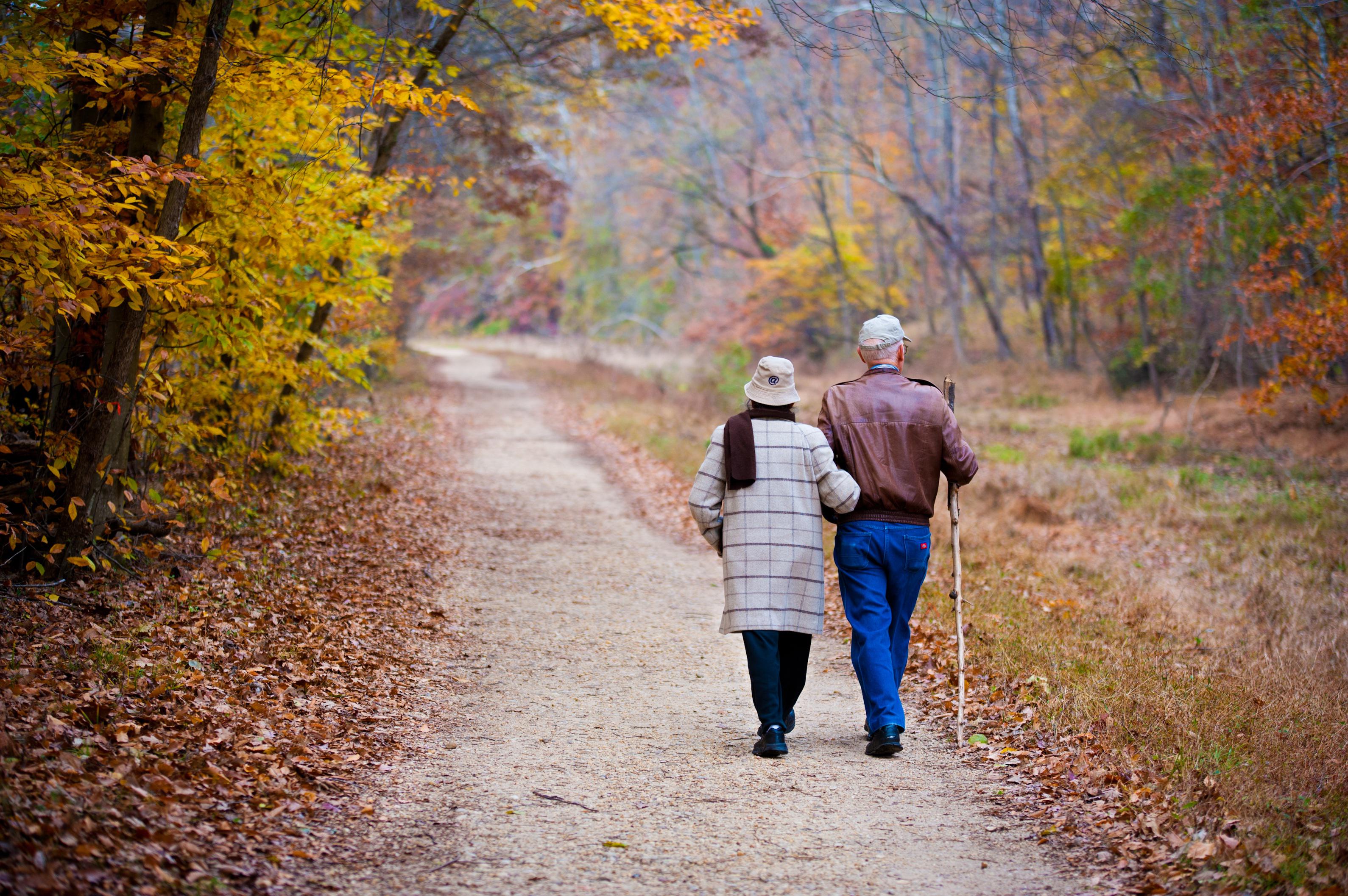 Ett äldre par promenerar längs en väg med höstfärger i naturen.