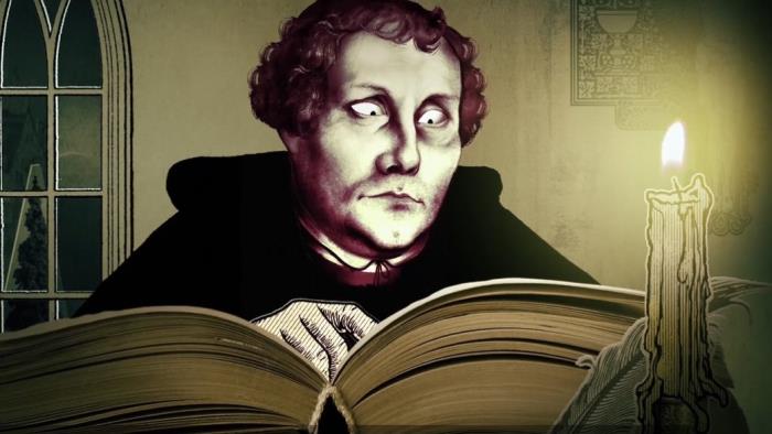 Illustration där Martin Luther läser Bibeln.