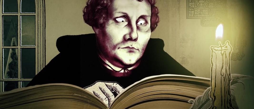 Illustration där Martin Luther läser Bibeln.