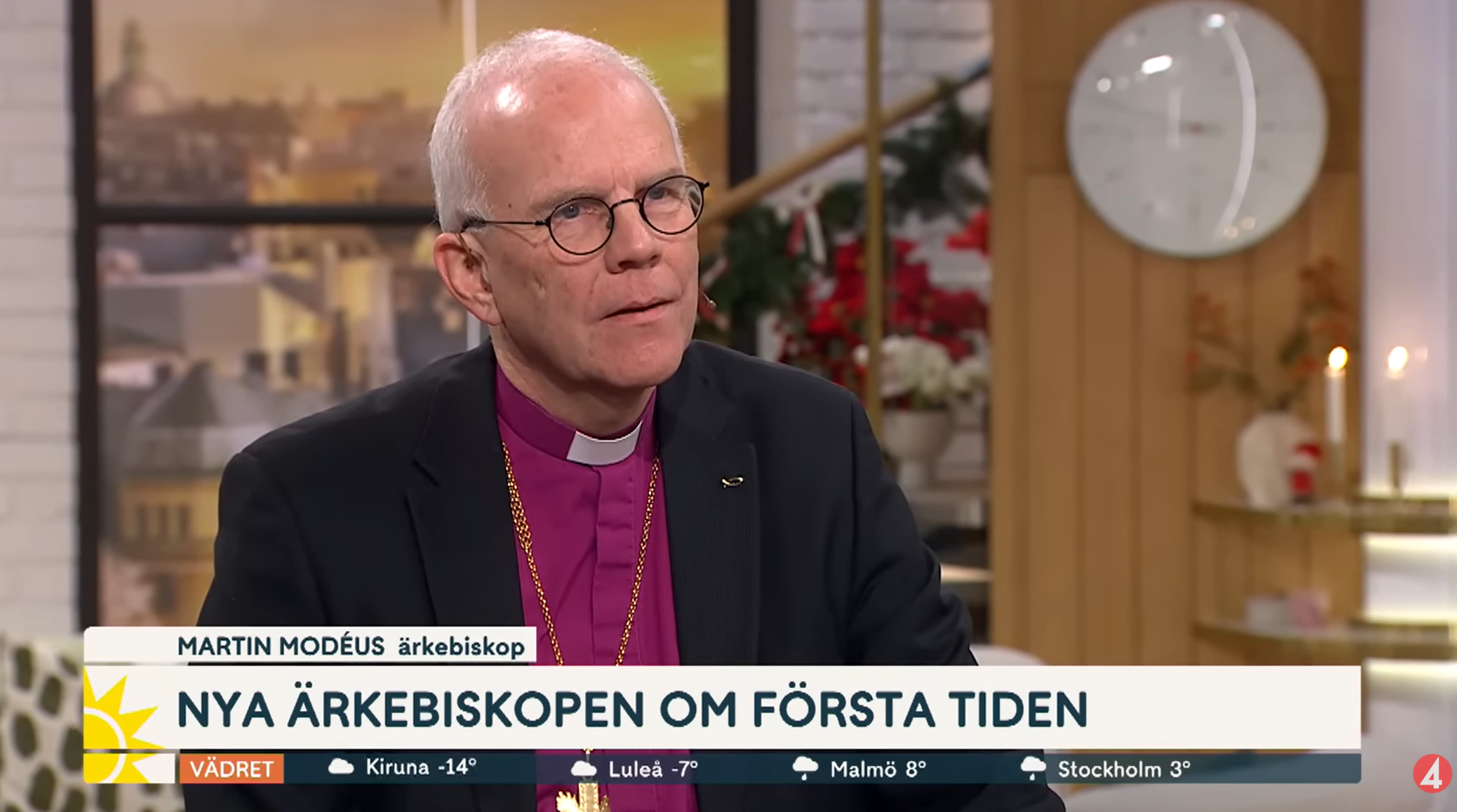 Ärkebiskop Martin Modéus blir intervjuad i TV4:s Nyhetsmorgon.