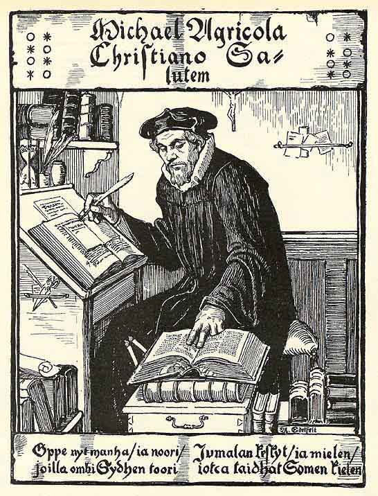 Puupiirros Agricolasta käännöstyössä.