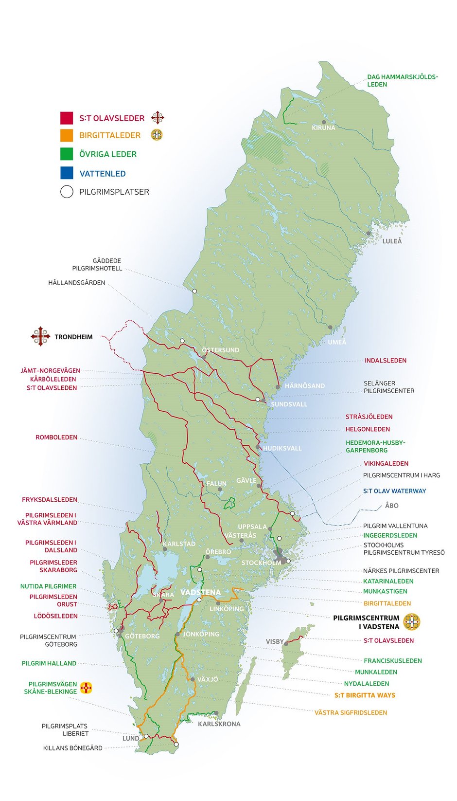 Sverigekarta med utritade pilgrimsleder.