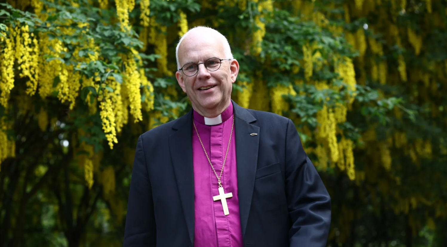 Ärkebiskop Martin Modéus står i lila skjorta framför ett träd.
