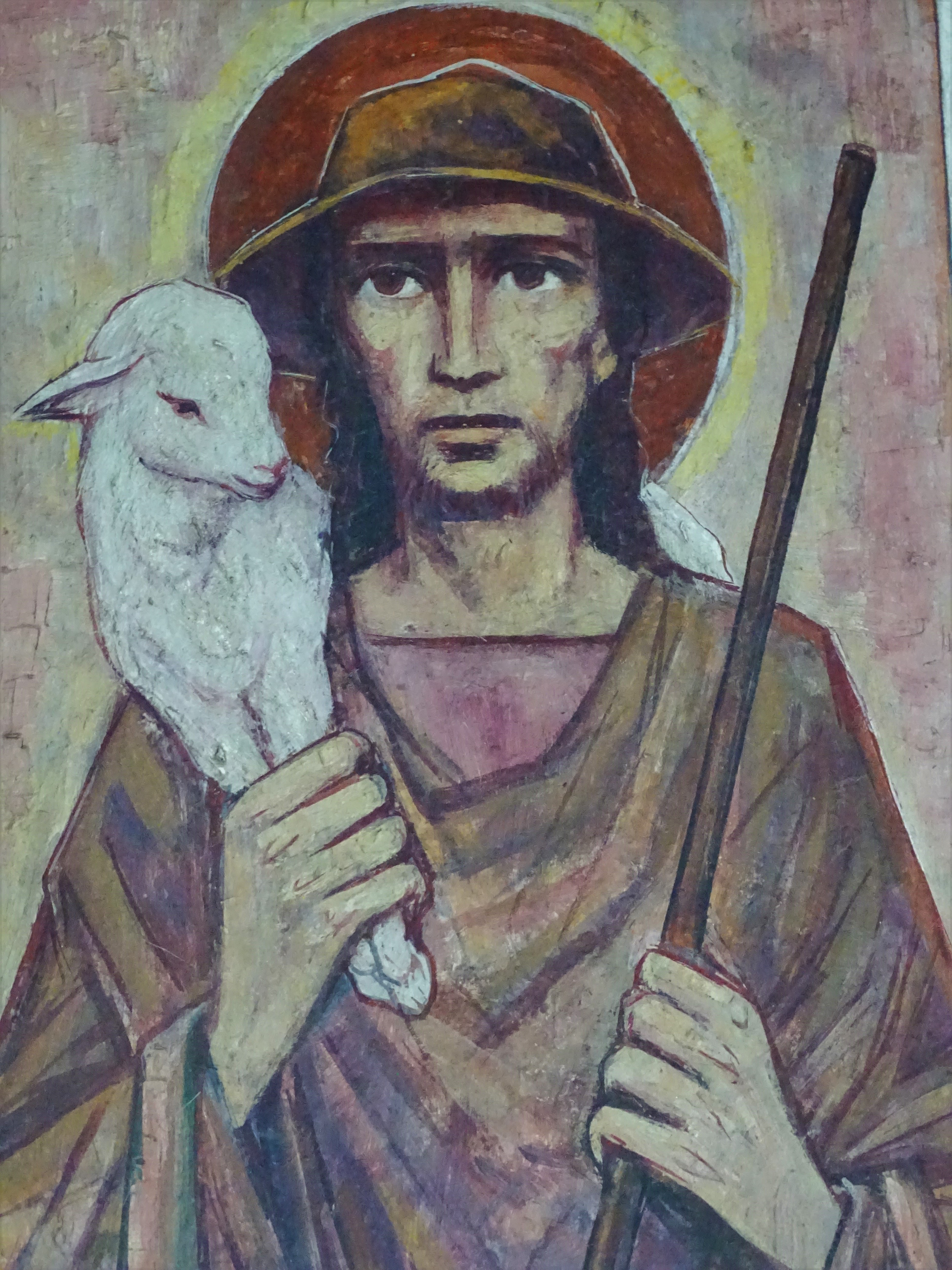 Tavla som föreställer Gud som en fåraherde med ett lamm på axeln.