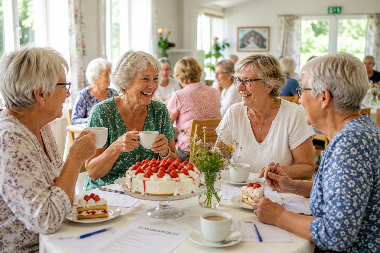 En samling seniorer som äter jordgubbstårta och spelar quiz