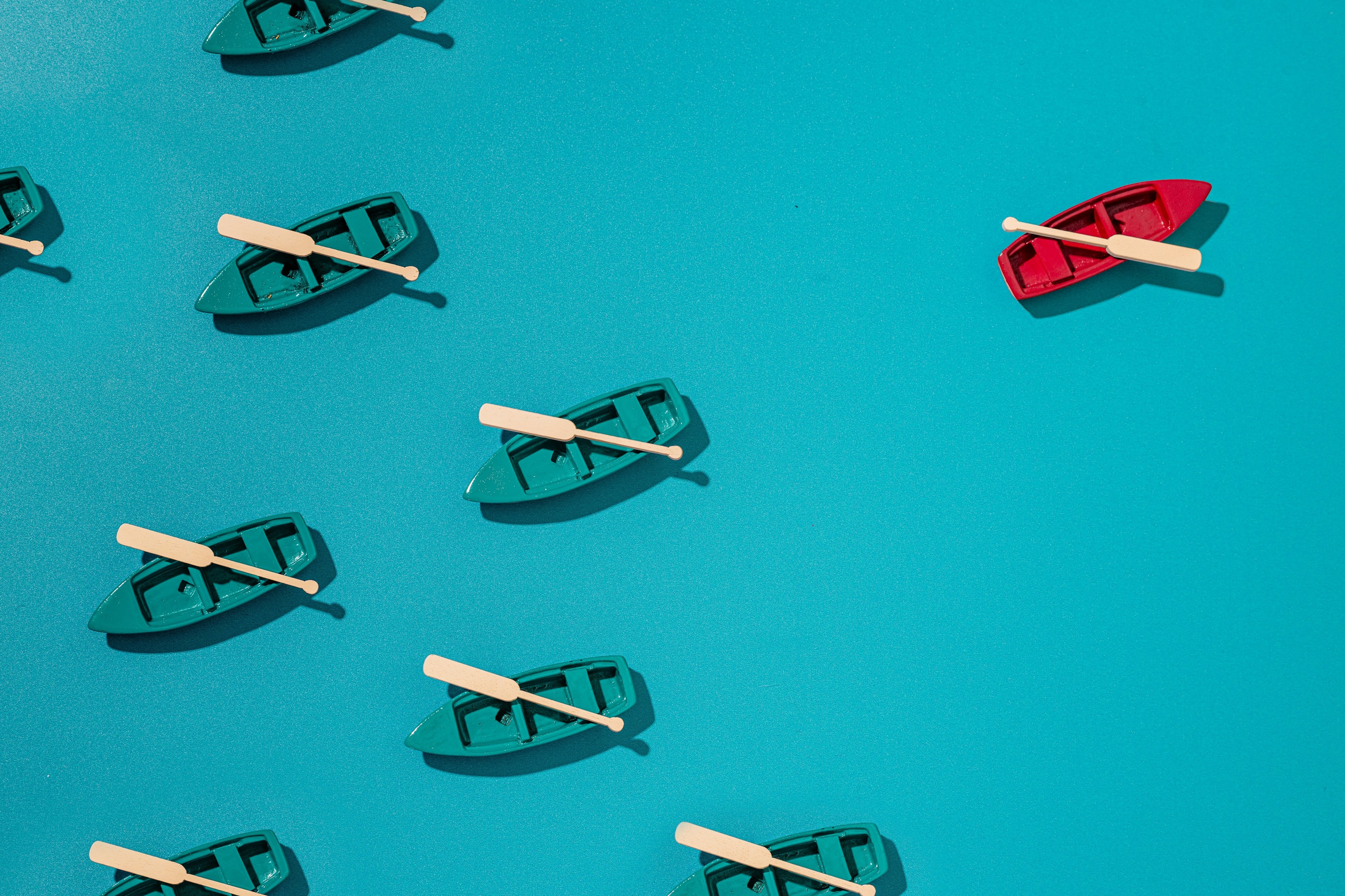 En överblicksbild av en råd roddbåt som leder flera blåa båtar