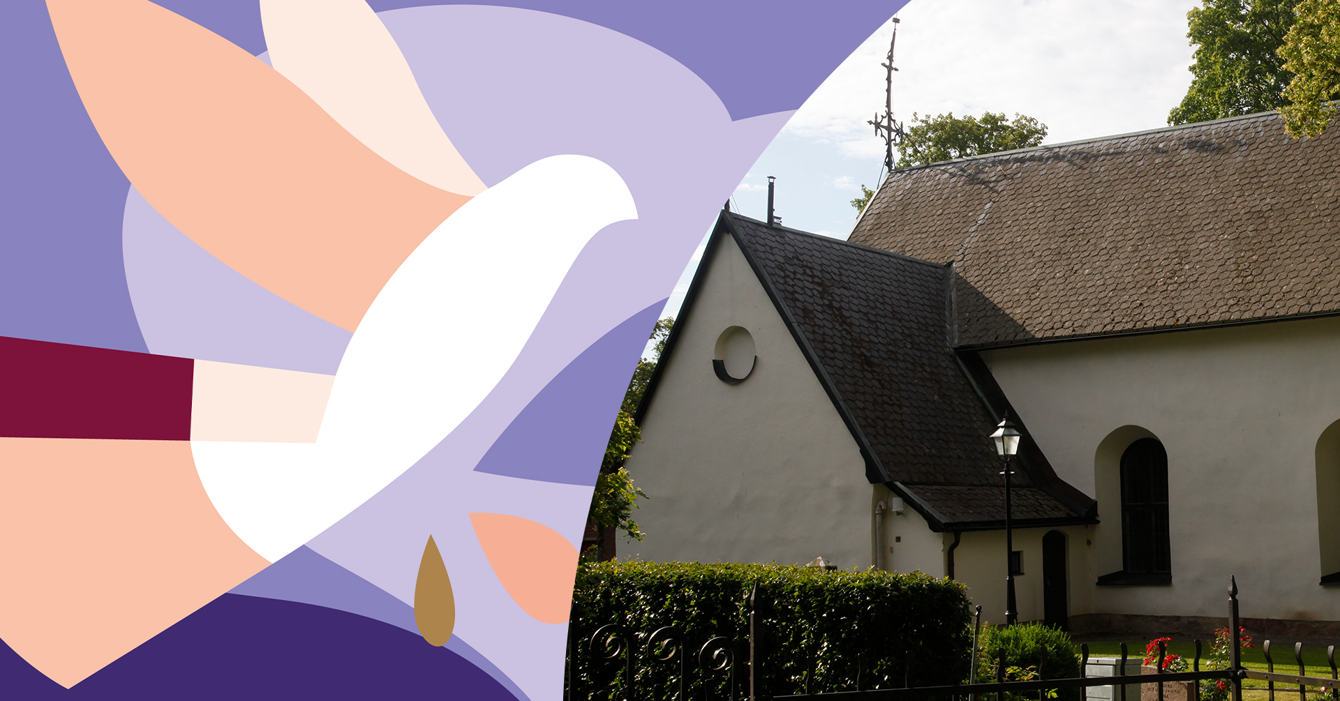 Järfälla kyrka och illustration av en duva, vågor och vattendroppar