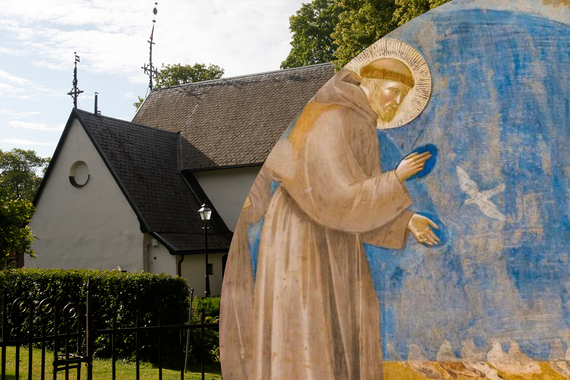 Järfälla kyrka, med en infälld bild på en kalkmålning av den helige Franciskus