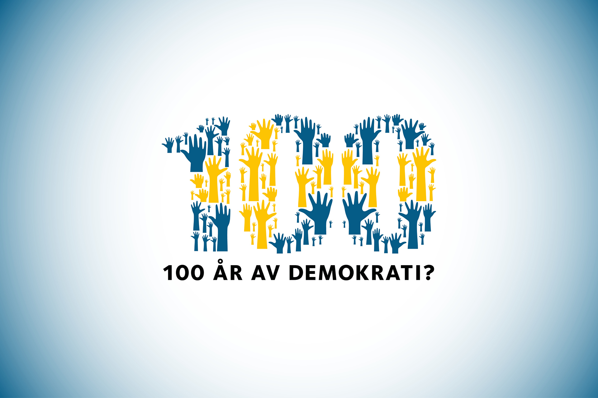 Texten 100 utgörs av blå och gula händer. 