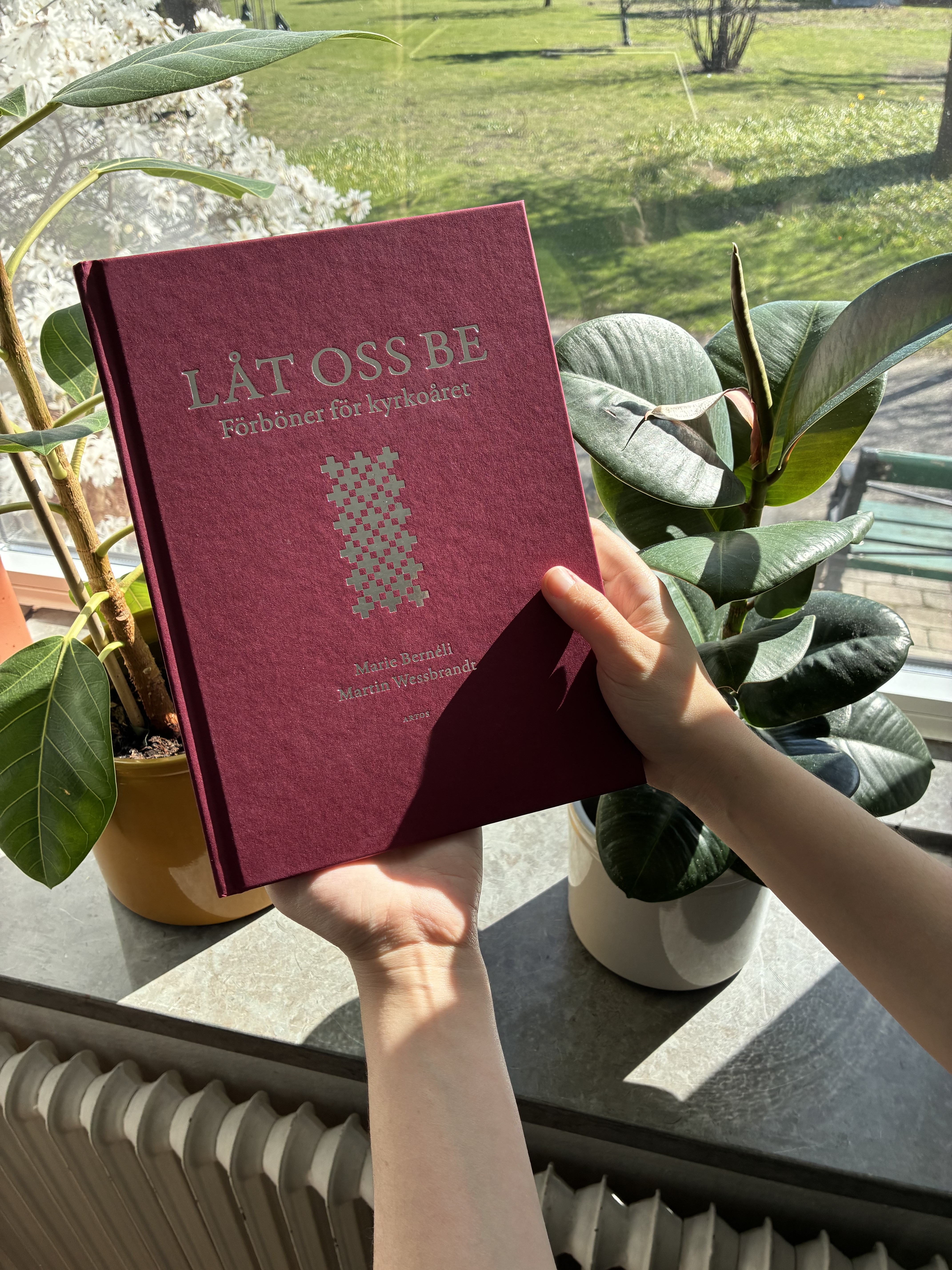 Två händer håller i röd bok