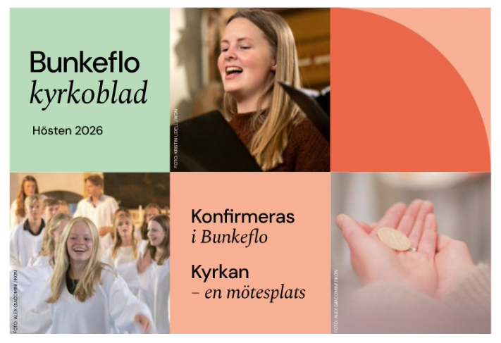 Kollage med bilder på ung kvinnlig körsångare, konfirmander i kåpor och hand som tar emot nattvard