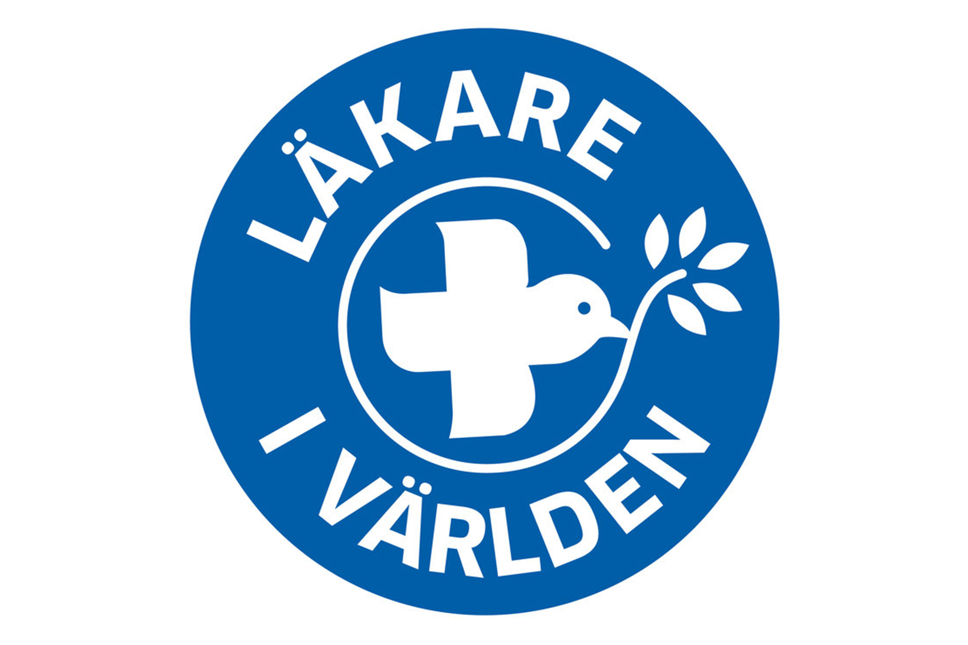 Logotyp för Läkare i världen. En blå cirkel med texten Läkare i världen och en vit duva med en kvist i näbben.