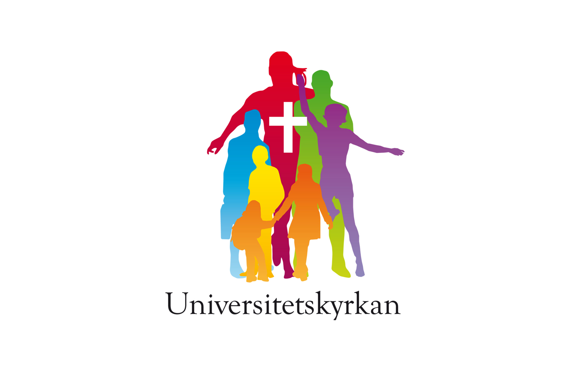 Logotyp för Universitetskyrkan. Illustration. Siluetter av människor i många färger.