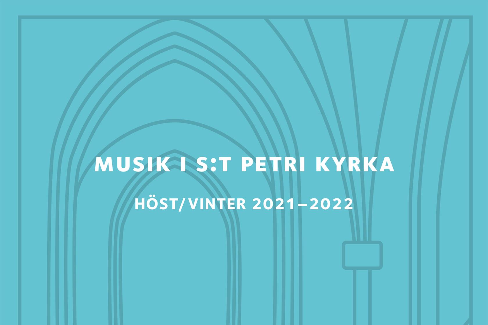 Stiliserad bild av St Petri kyrkas valv på mellanblå färg och text.