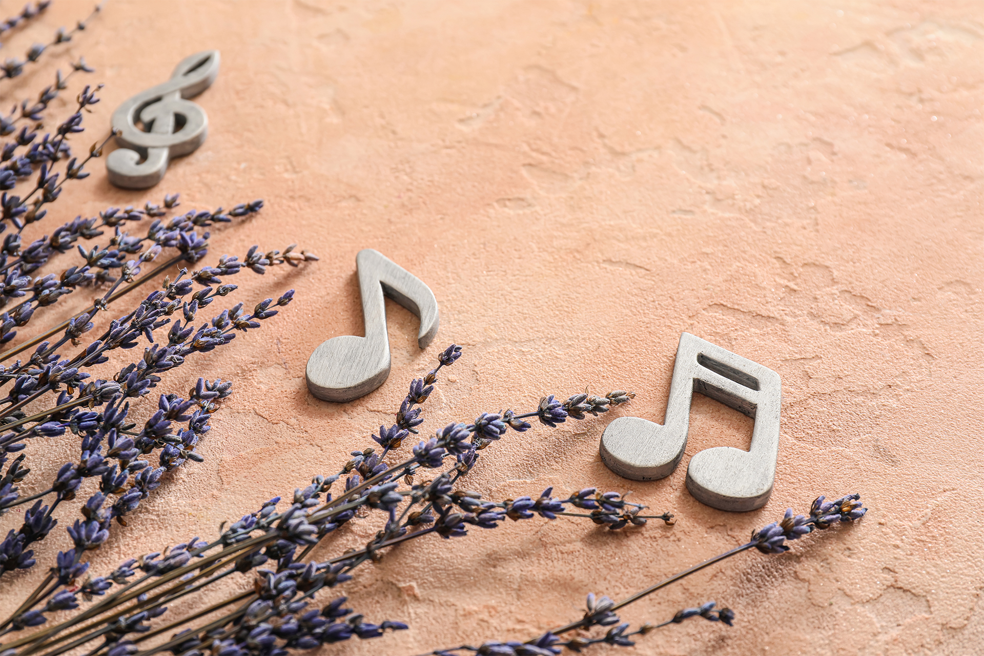 Lavendelkvistar mot en aprikosfärgad stenvägg samt noter i metall