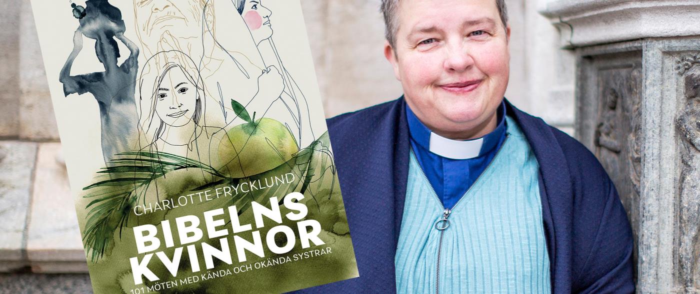 Kollage av bild på kvinnlig präst utanför en kyrka och ett bokomslag.