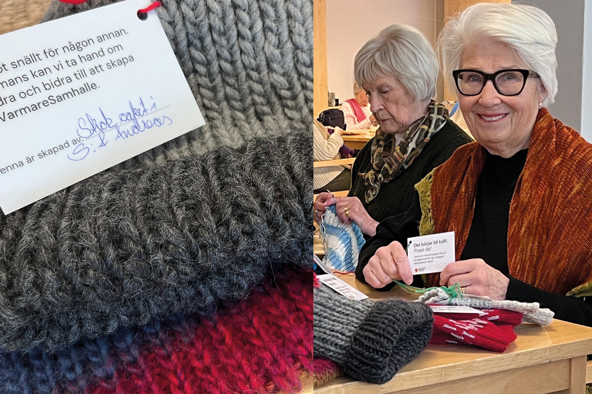 Tvådelad bild – stickad mössa med lapp fäst på och två stickande damer.