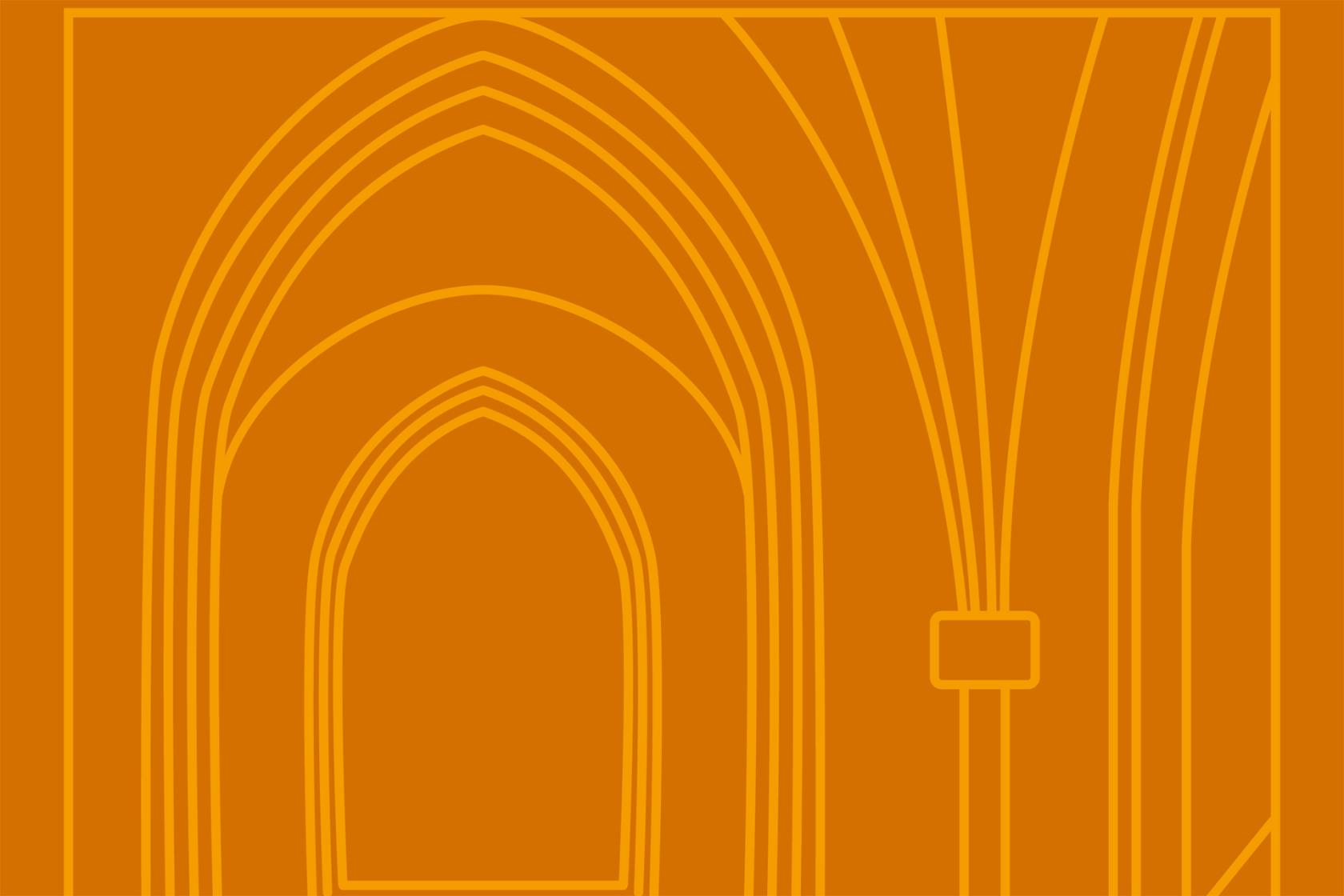 Illustration stiliserat kyrkfönster mot orange bakgrund.