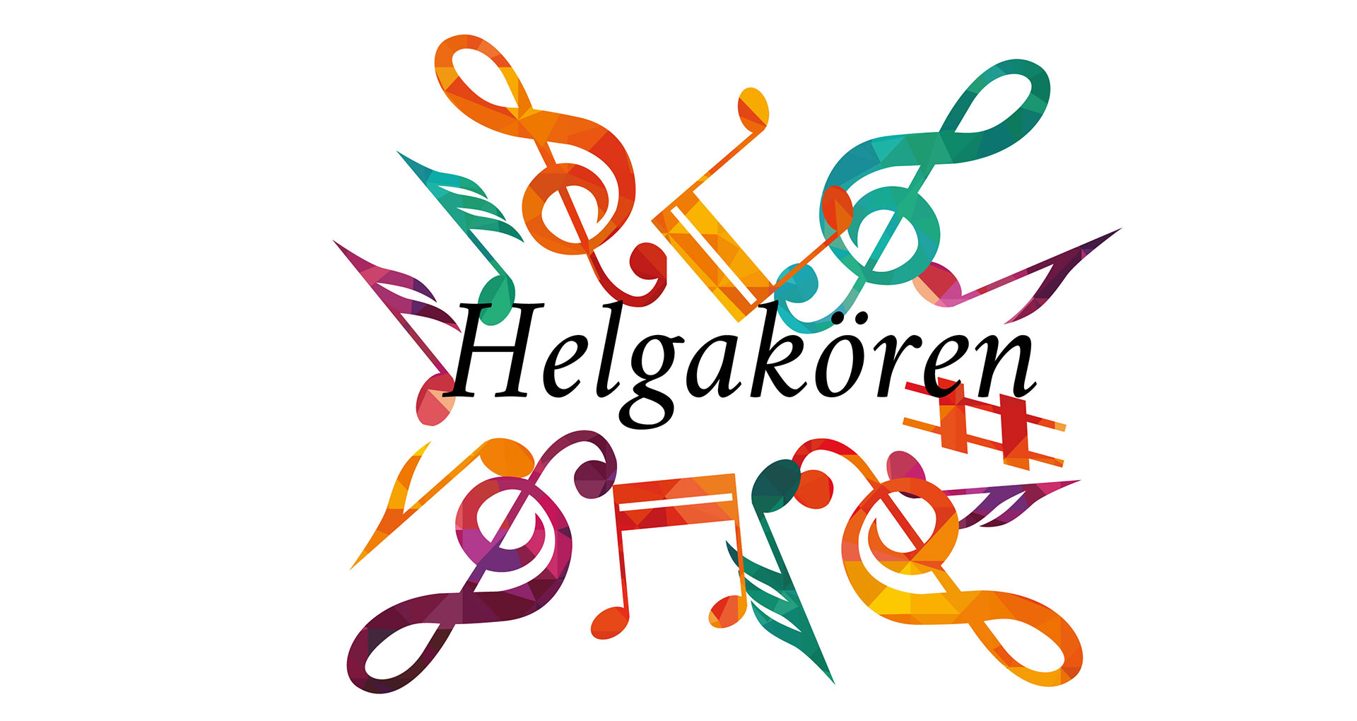 G-klavar och noter i orange, grönt och lila runt texten Helgakören.
