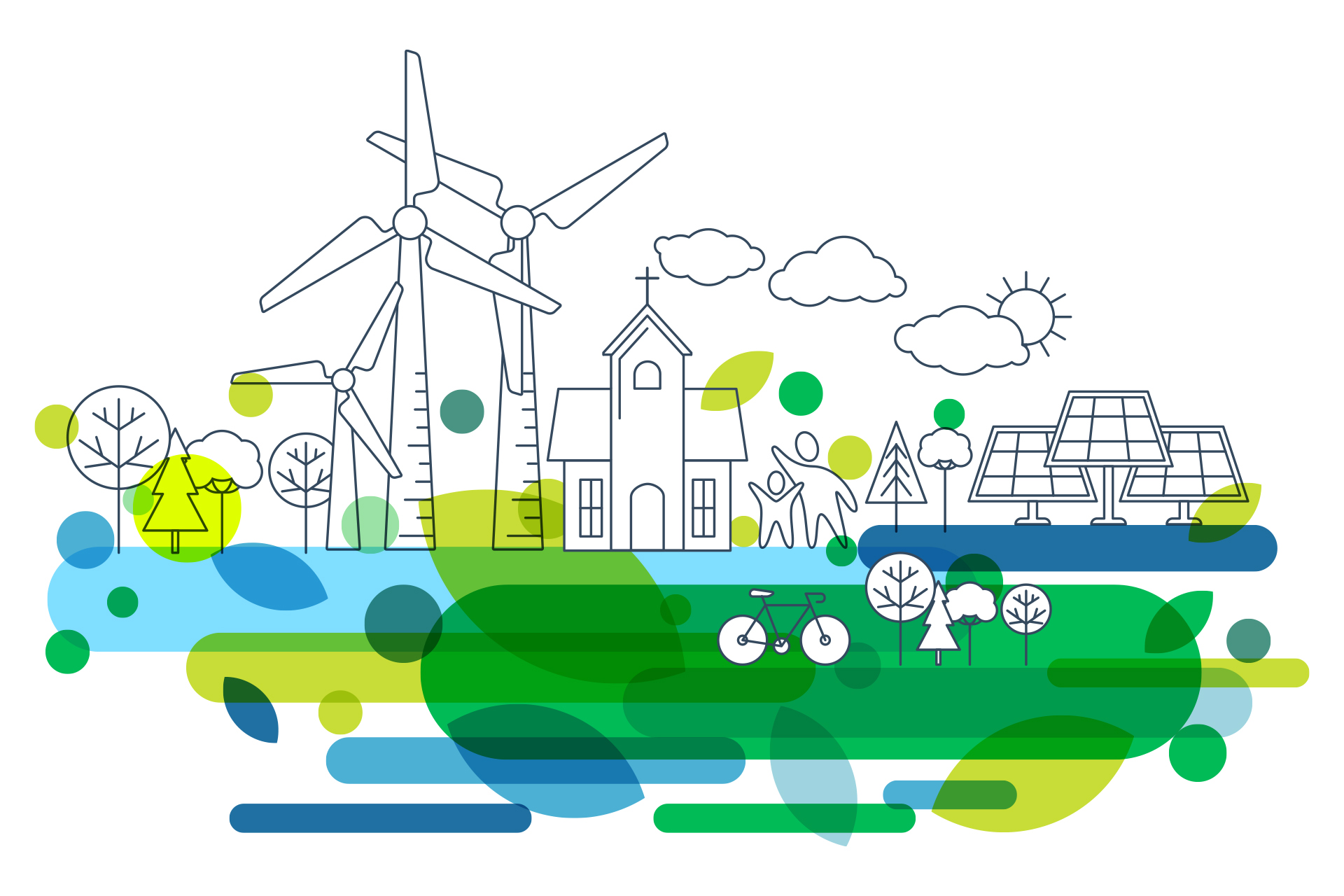 Illustration med vindkraftverk, kyrka, solpaneler, skog och vatten.