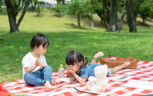 två barn sitter på en filt och har picknick