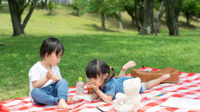 två barn sitter på en filt och har picknick