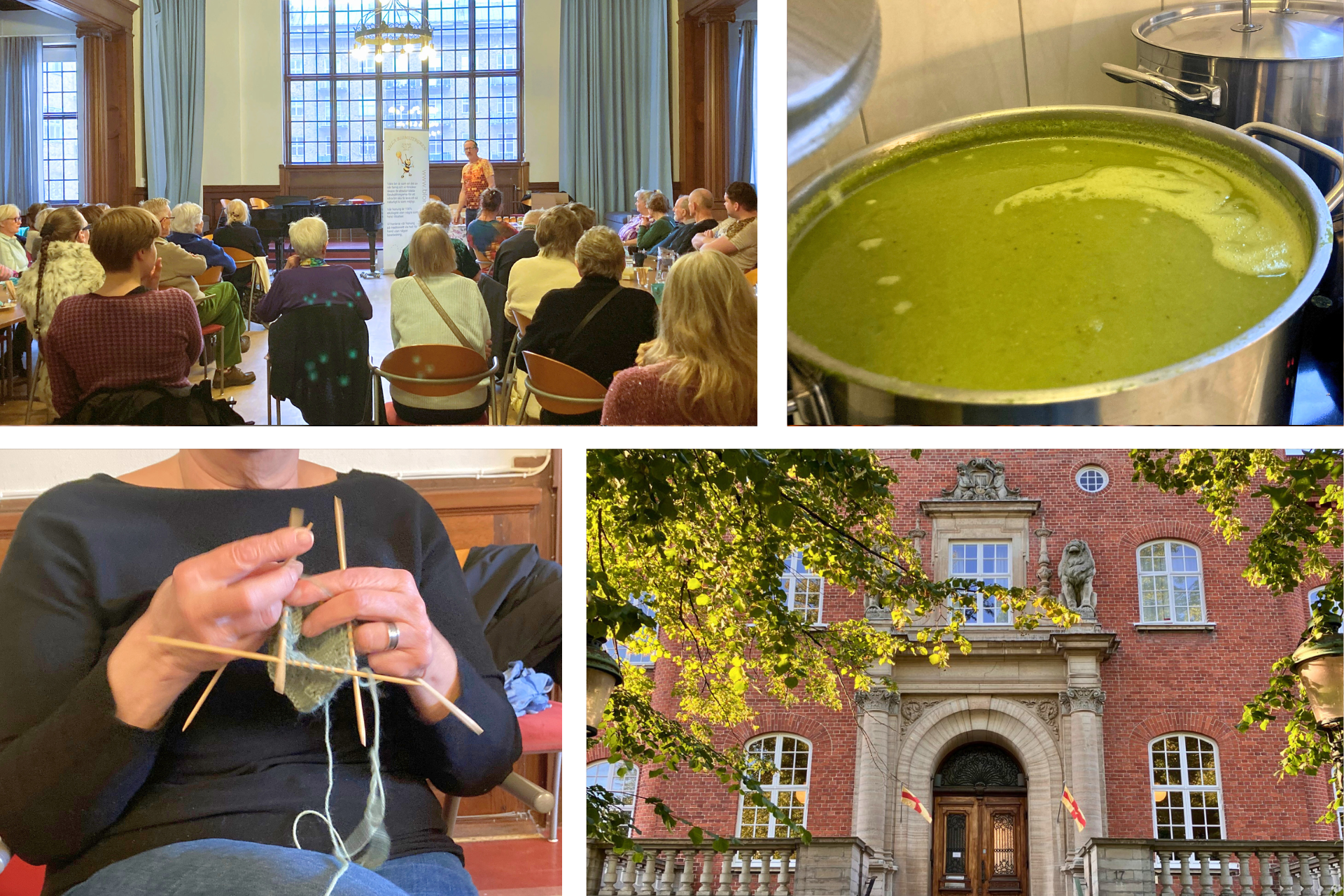 Ett kollage av bilder från Torsdagar i Pauli. Bild på ett föredrag, soppa, person som stickar och på församlingshemmet.