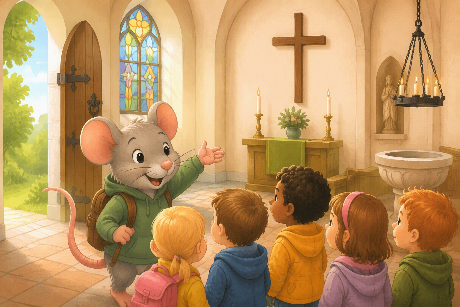 Illustration av en råtta som visar barn i en kyrka