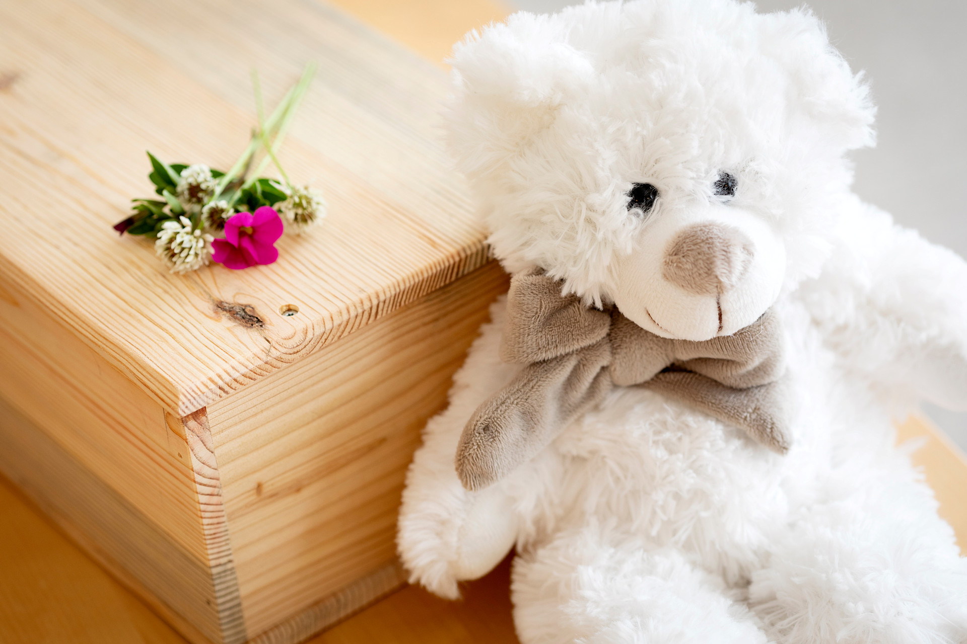 Nalle vid liten kista med blommor