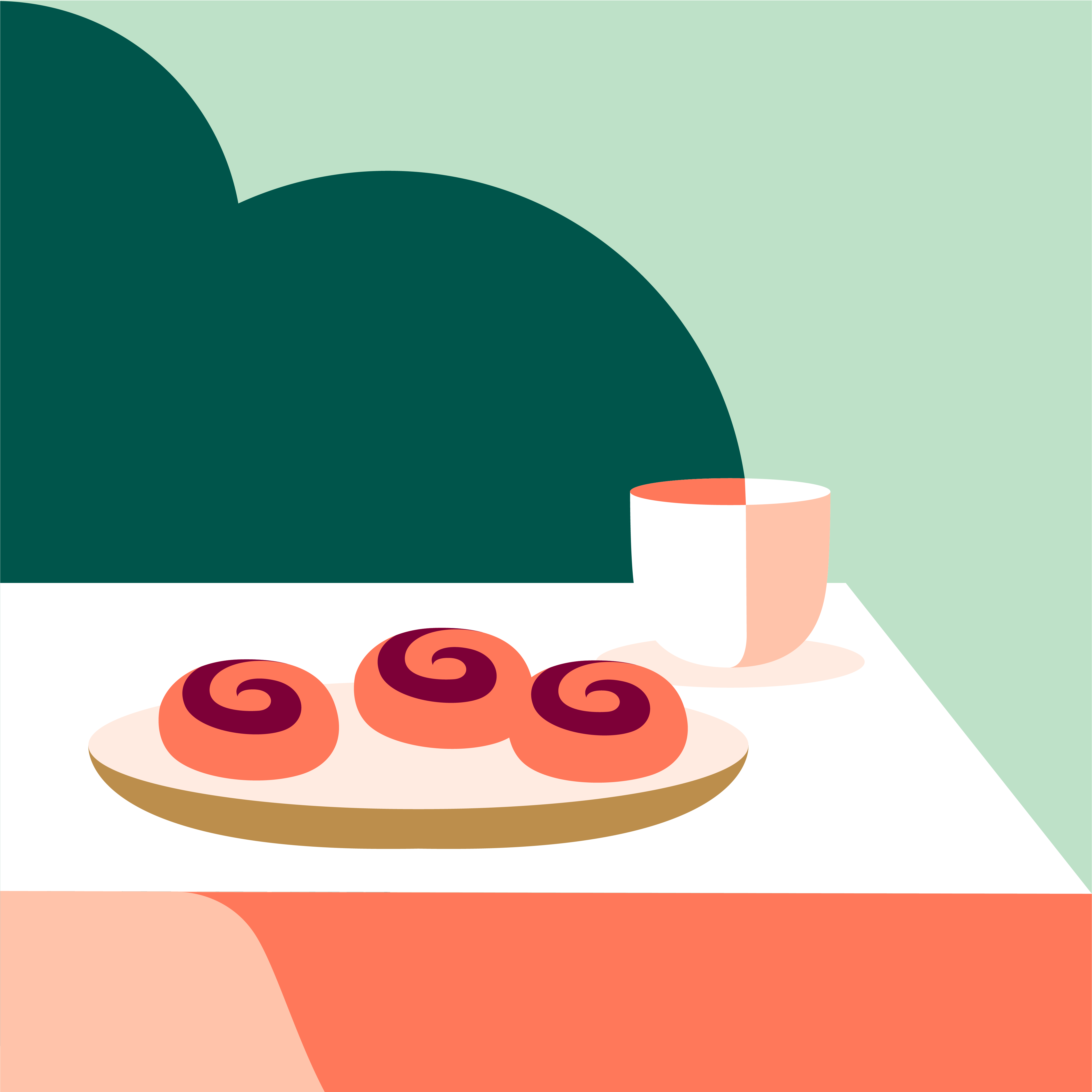 Illustration med tre bullar som ligger på ett fat och intill står en kaffekopp