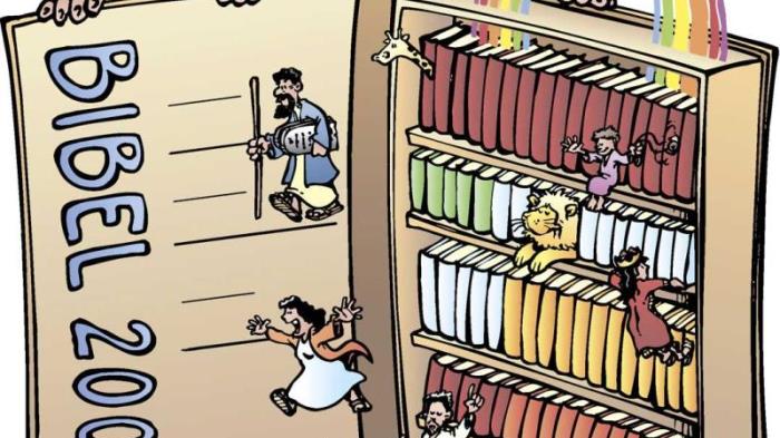 Tecknad bild av två figurer som håller en stor, öppen bibel full av böcker.