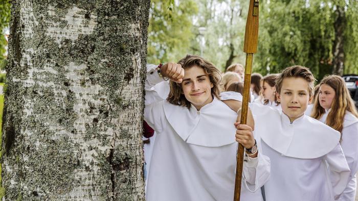 Konfirmander, killar, kors, träd