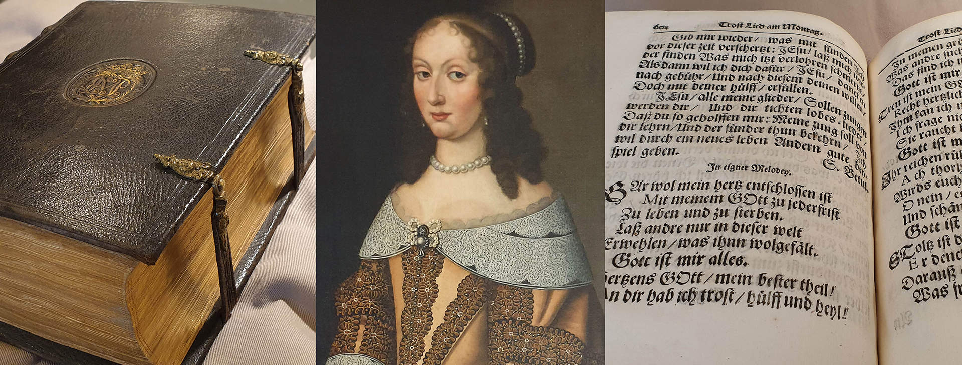 Bild på bönboken samt porträttbild på Maria Euphrosyne av Pfalz