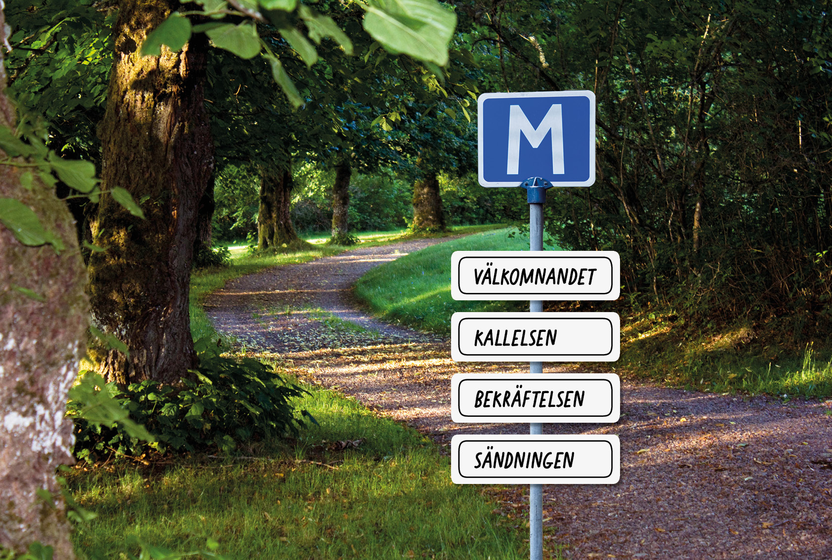Bild på en vägskylt för "Mötesplats" och en skogsväg i bakgrunden..