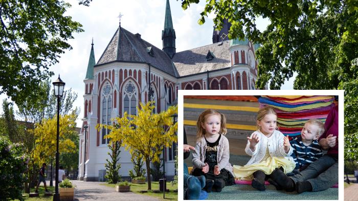 Foto över Sofiakyrkan i Jönköping och en infälld bild på några barn som sitter bredvid varandra.