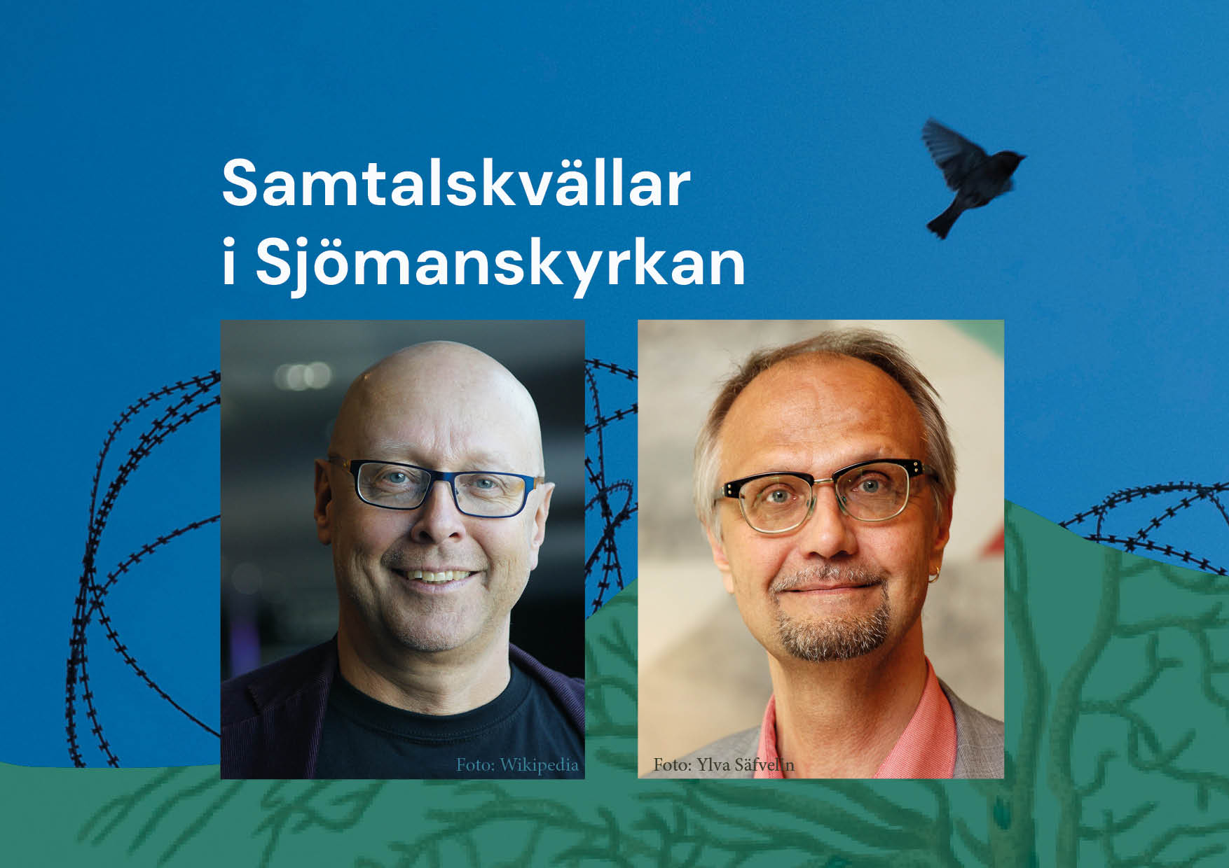 Porträttbilder av Per Herngren och Ulf Bjereld mot bakgrund med mörk himmel där taggtråd och en flygande duva syns. 