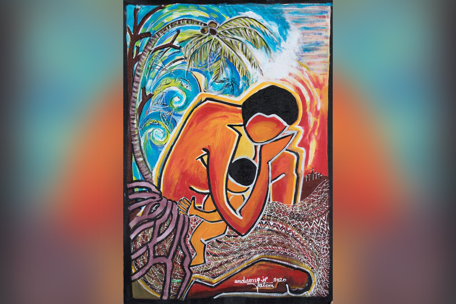 Målning av en kvinna som ammar ett barn under ett palmträd.