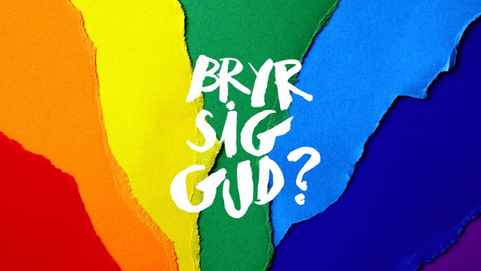 Regnbågsfärgad bakgrun och texten "bryr sig Gud?".