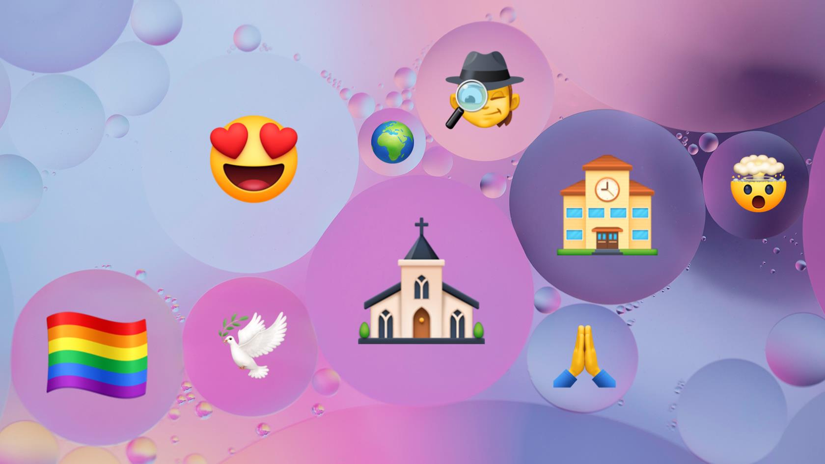Abstrakt bild med bubblor. I bubblorna finns olika emojis bl.a. en skola, en kyrka och en regnbågsflagga.