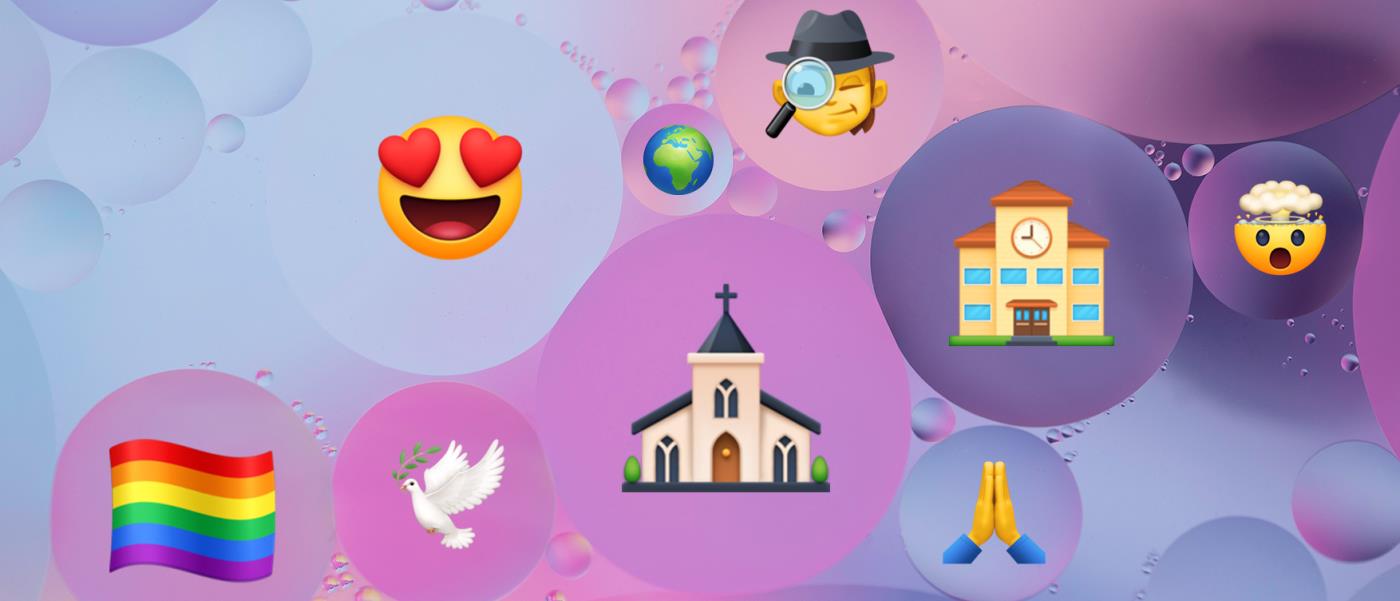 Abstrakt bild med bubblor. I bubblorna finns olika emojis bl.a. en skola, en kyrka och en regnbågsflagga.