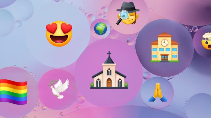 Abstrakt bild med bubblor. I bubblorna finns olika emojis bl.a. en skola, en kyrka och en regnbågsflagga.