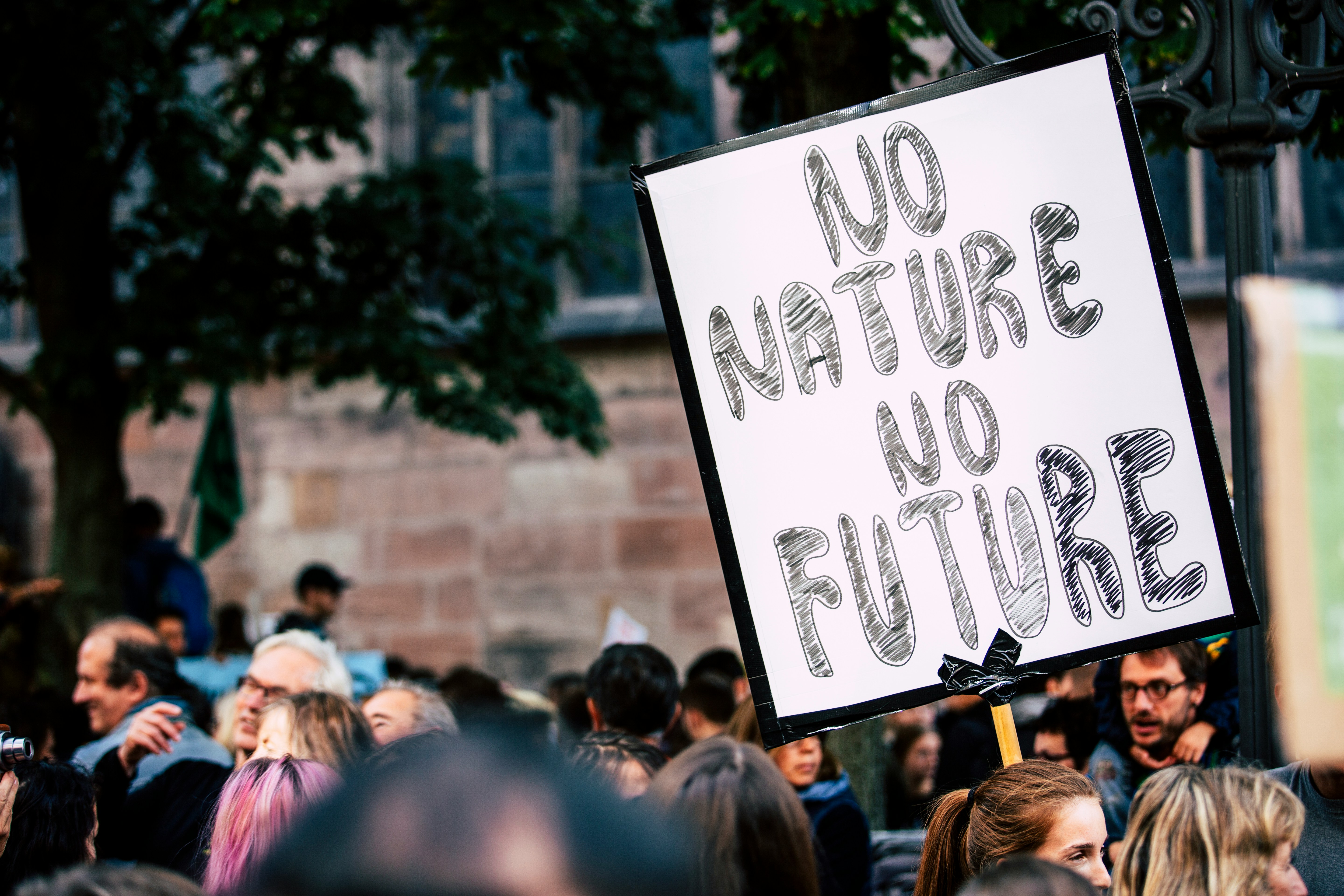 Demonstration, på plakatet står No nature no future.