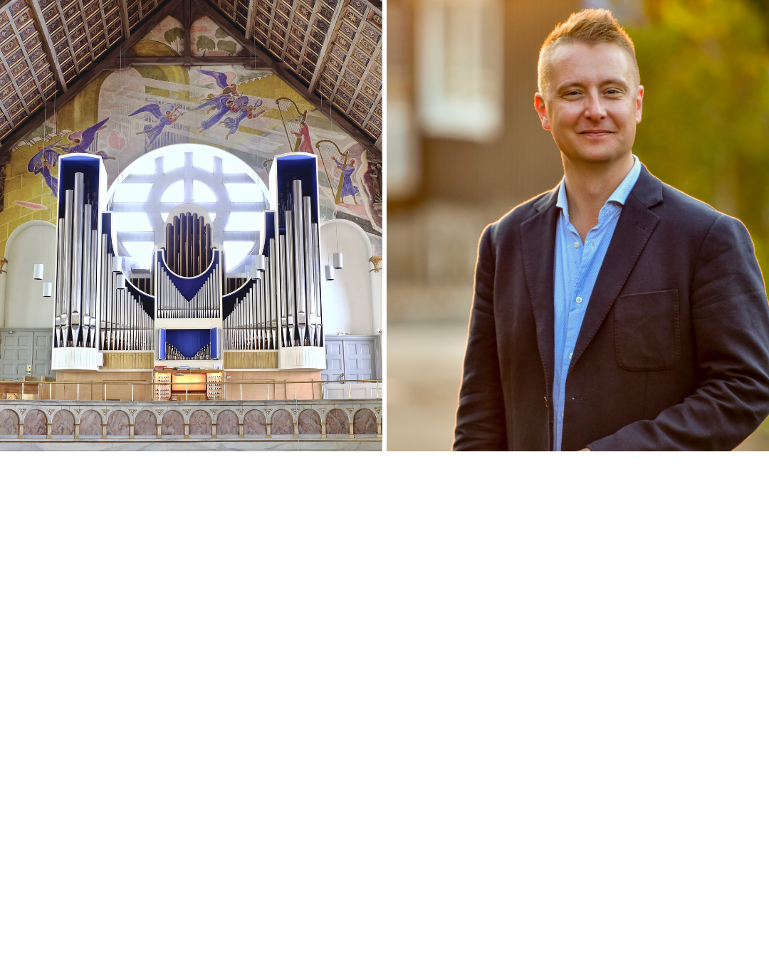 På bild syns orgeln i S:t Matteus kyrka samt försteorganist Lars Storm.