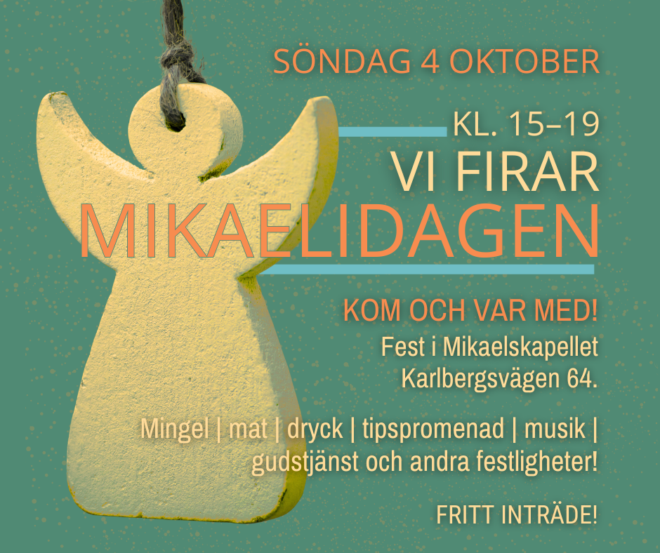 Stor gul ängel hälsar välkommen till Mikaelskapellet den 4 oktober. Då firas Mikaelidagen.