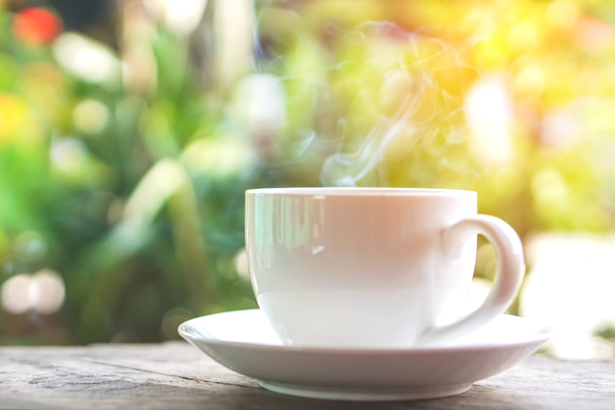 Det ryker ur en kaffekopp på ett fat som står på ett bord i en grönskande ljus trädgård.