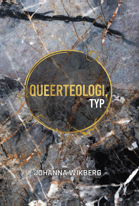 En marmorfärgad bakgrund med text i en guldcirkel: Queerteologi, typ.